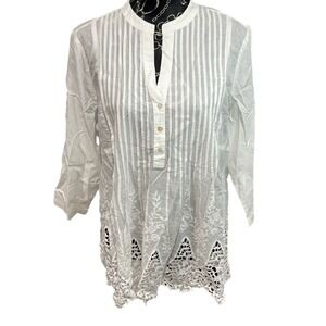 Chicos Novelty Pintuck Top Alabaster White Embroidered Hem Blouse 570322004 2 L